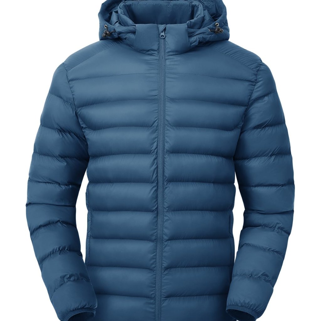 Men's Lightweight Puffer Jacket Detachable Hood Water-Resistant Winter Coat